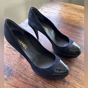Chanel Black Suede Platform Pumps with Patent Leather Cap Toe size 40